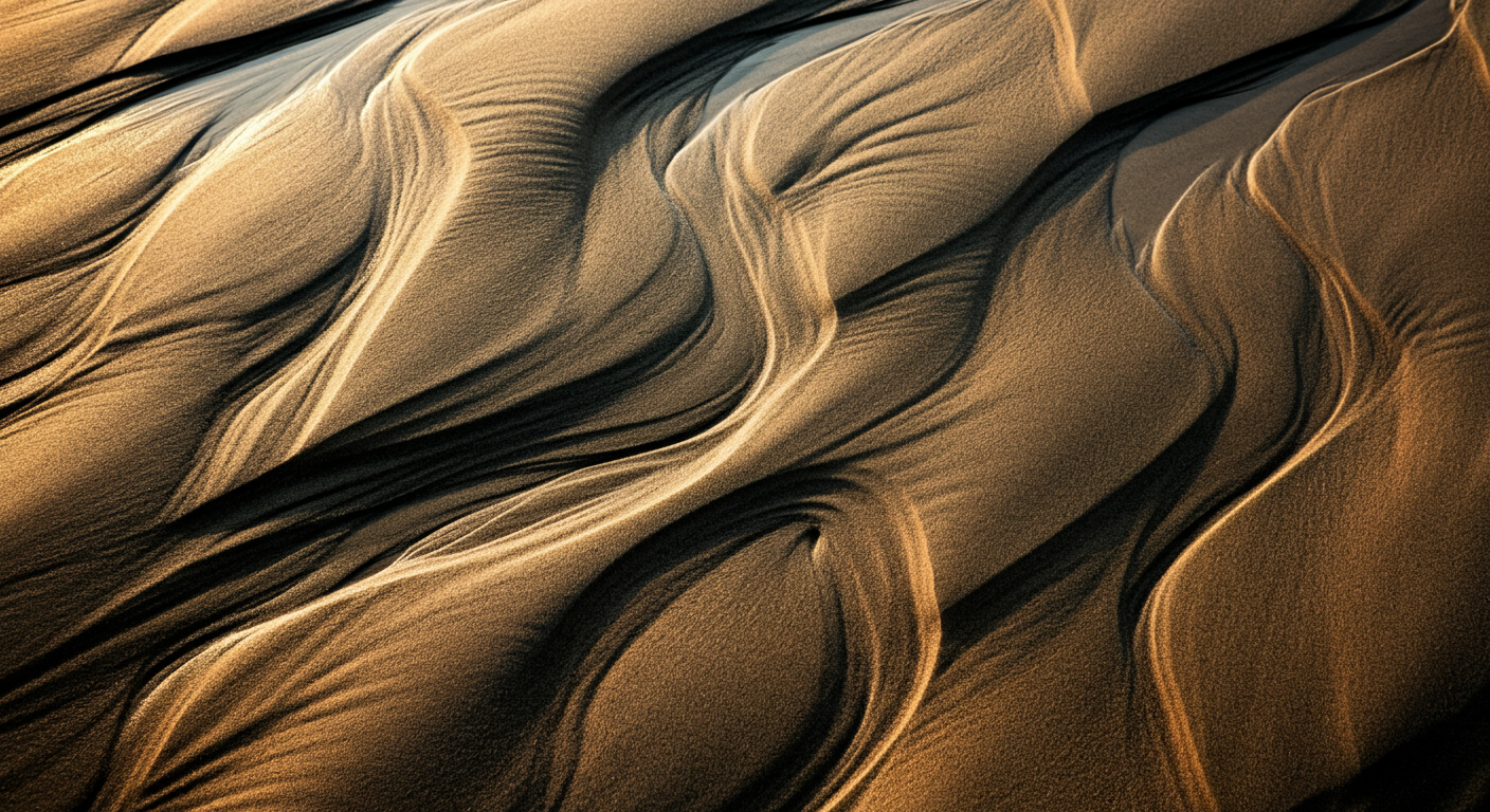 Wind-rippled patterns flowing across sand